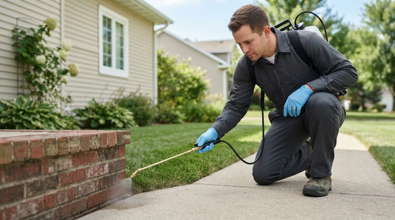 Pest control technician treating a home near Fall Creek, OR