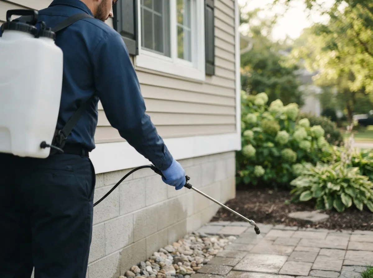 Pest control technician inspecting a home in Fall Creek, OR